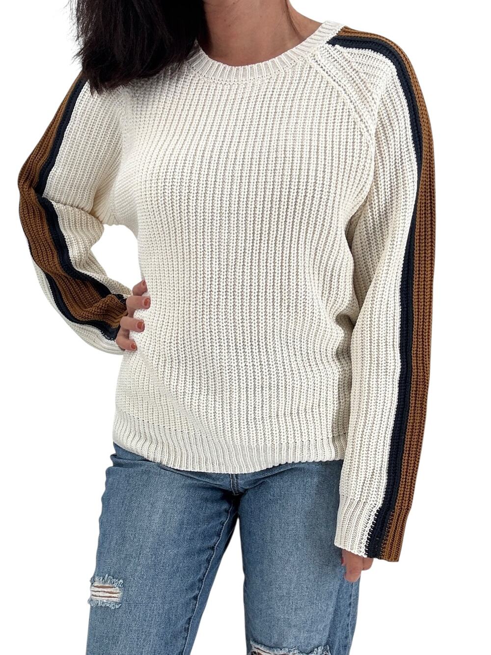 SANCTUARY Sweater Size L Sporty Stripe Pullover Crew Neck Cream w/ Navy Brown